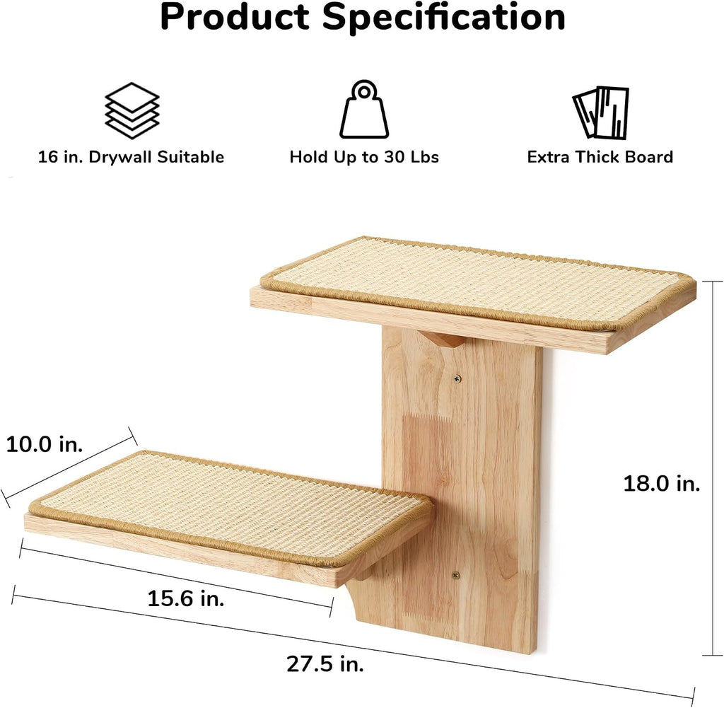 Cat Wall Shelves, 2 Platform Kitten Wall Furniture, Tree Shape Wall-Mounted Floating Shelf with Sisal Mat, Solid Rubber Wood Cats Perch for 16 Inch Drywall, Suitable for Climb, Play, Nap
