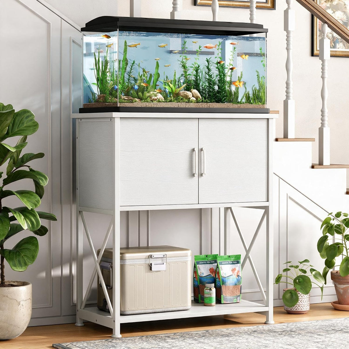 20-29 Gallon Aquarium Stand Metal Frame Fish Tank Stand with Cabinet Storage, for 20 Gallon Long Aquarium,30.7" L*16.5" W Tabletop,330Lbs Capacity White PG01YGW