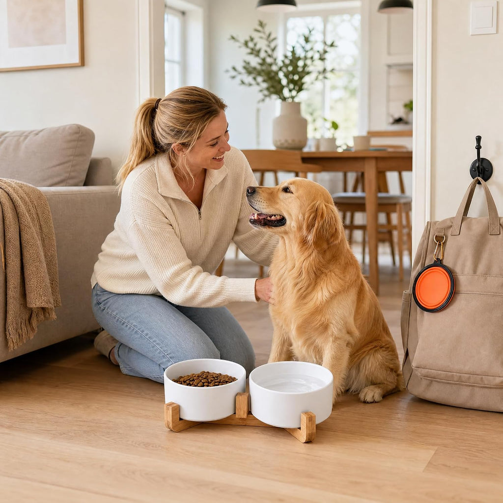 Dog Bowls,White Ceramic Cat and Dog Bowl Set with Wood Stand for Food and Water, Non-Slip Cute Modern Pet Dish Set for Cats & Medium Dogs (28OZ)