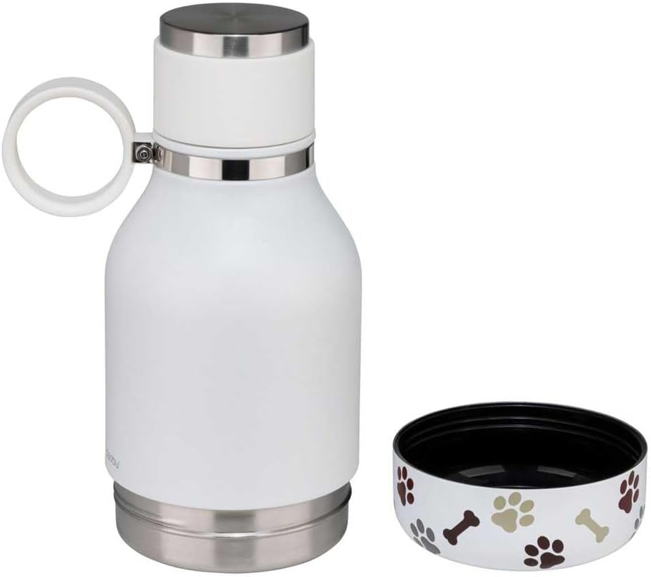 Buddy Bottle, a Stainless Steel Insulated Water Bottle with Removable Dog Water Bowl and Dog Food and Treat Storage Plate (White, 37 Oz Water Bottle with 2 Bowls)