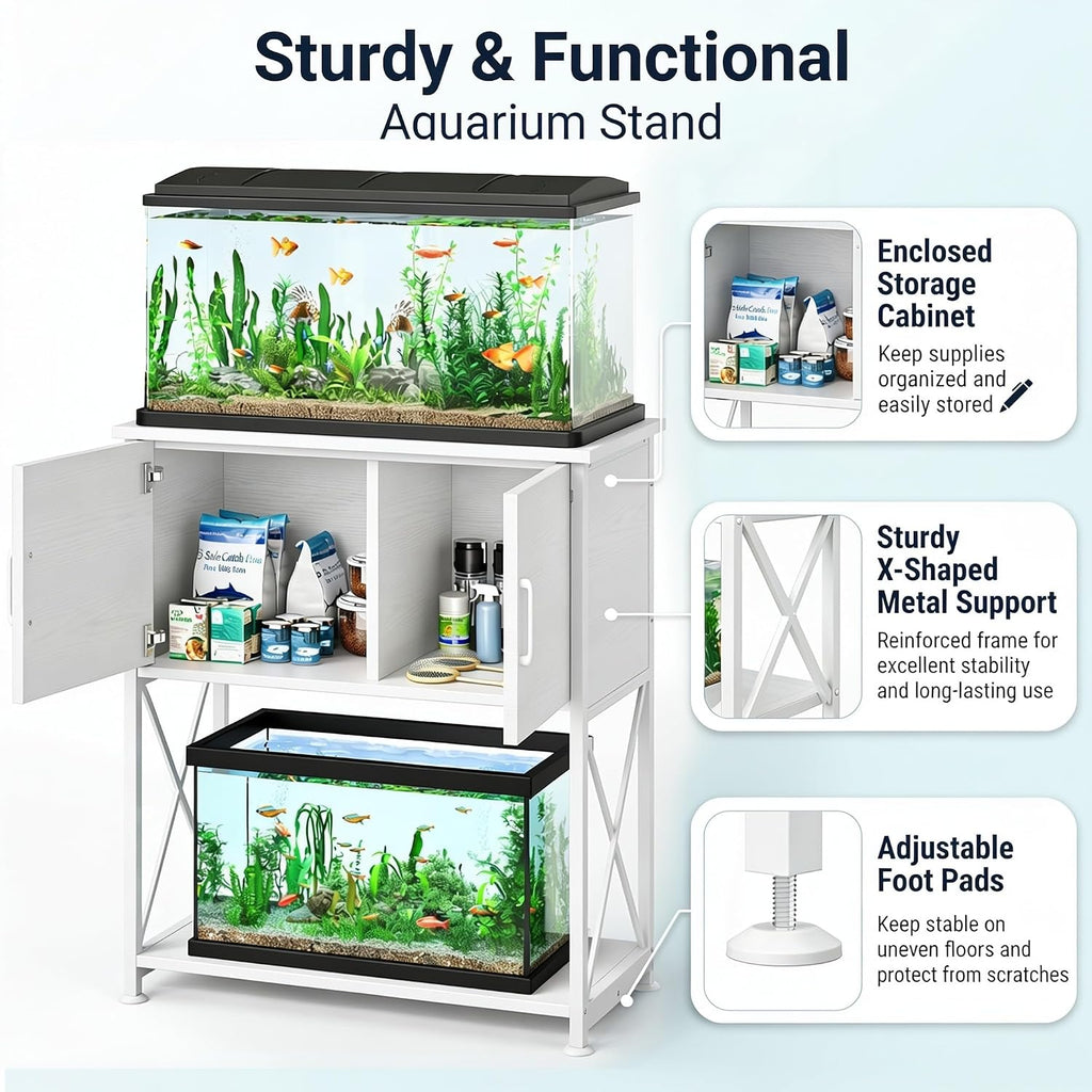 20-29 Gallon Aquarium Stand Metal Frame Fish Tank Stand with Cabinet Storage, for 20 Gallon Long Aquarium,30.7" L*16.5" W Tabletop,330Lbs Capacity White PG01YGW
