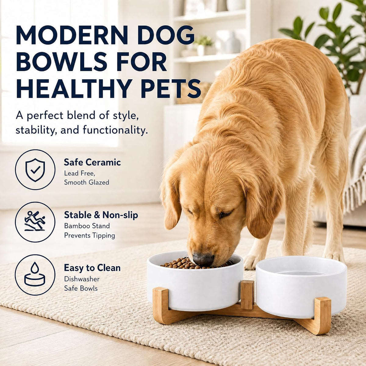 Dog Bowls,White Ceramic Cat and Dog Bowl Set with Wood Stand for Food and Water, Non-Slip Cute Modern Pet Dish Set for Cats & Medium Dogs (28OZ)