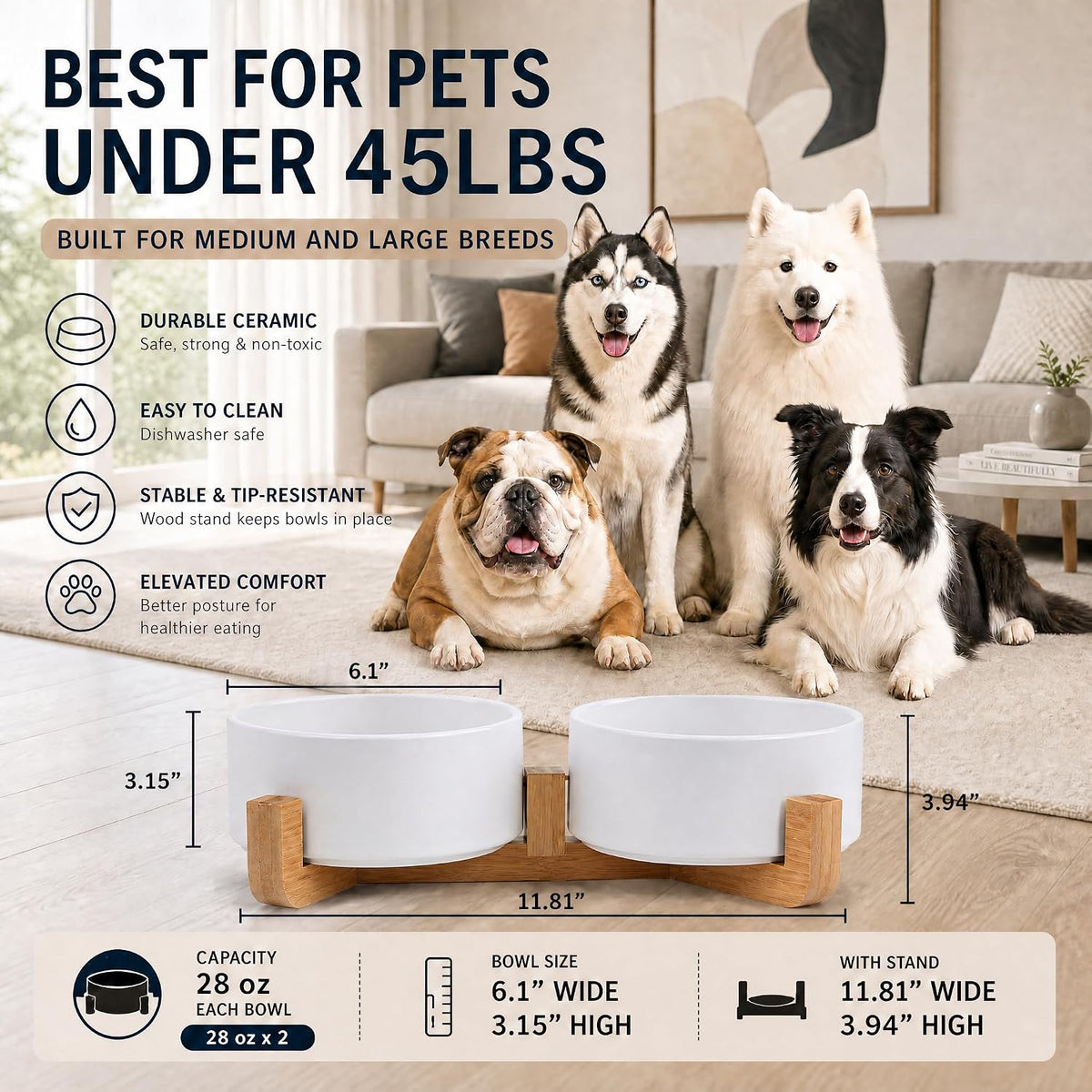 Dog Bowls,White Ceramic Cat and Dog Bowl Set with Wood Stand for Food and Water, Non-Slip Cute Modern Pet Dish Set for Cats & Medium Dogs (28OZ)