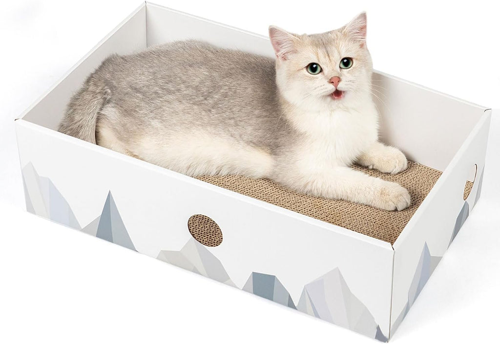 Cat Scratcher Box, Cardboard Pad, Bed for Indoor Cats, White