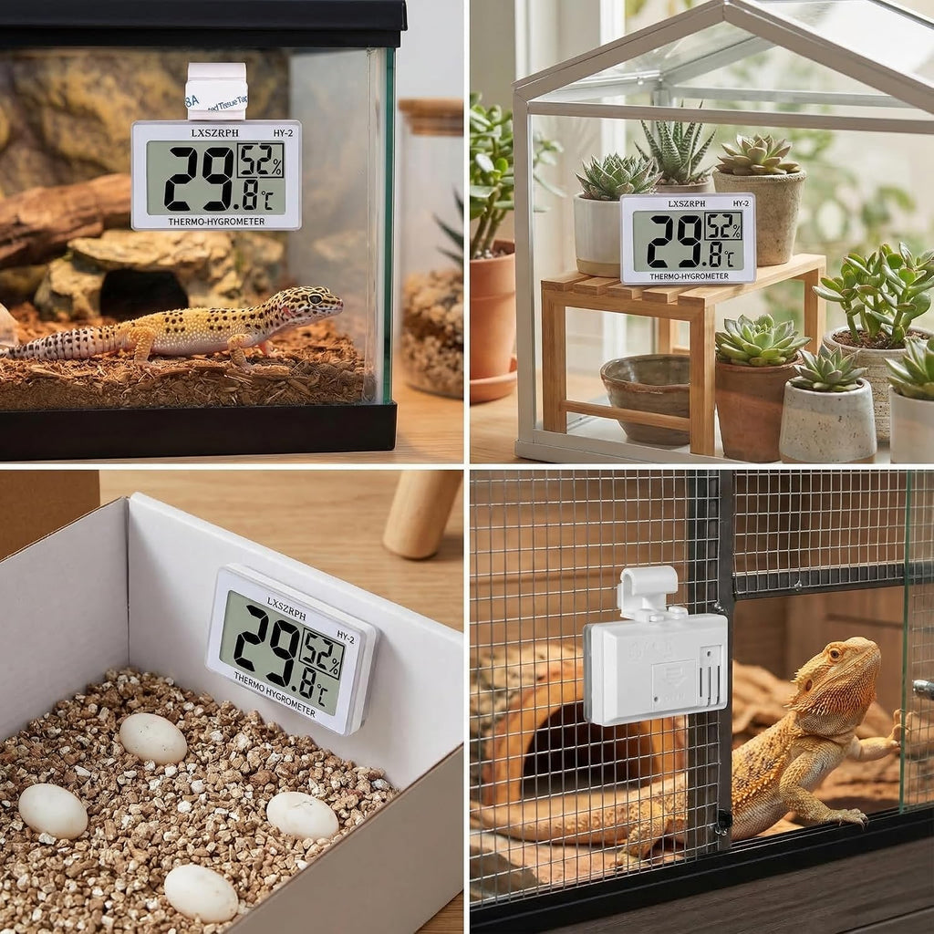 Reptile Hygrometer Thermometer, Digital Amphibian Hygrometer Thermometer with Hook, Temperature Humidity Meter Gauge for Reptile Tanks, Terrariums, Vivarium, LCD Display (2 Packs)