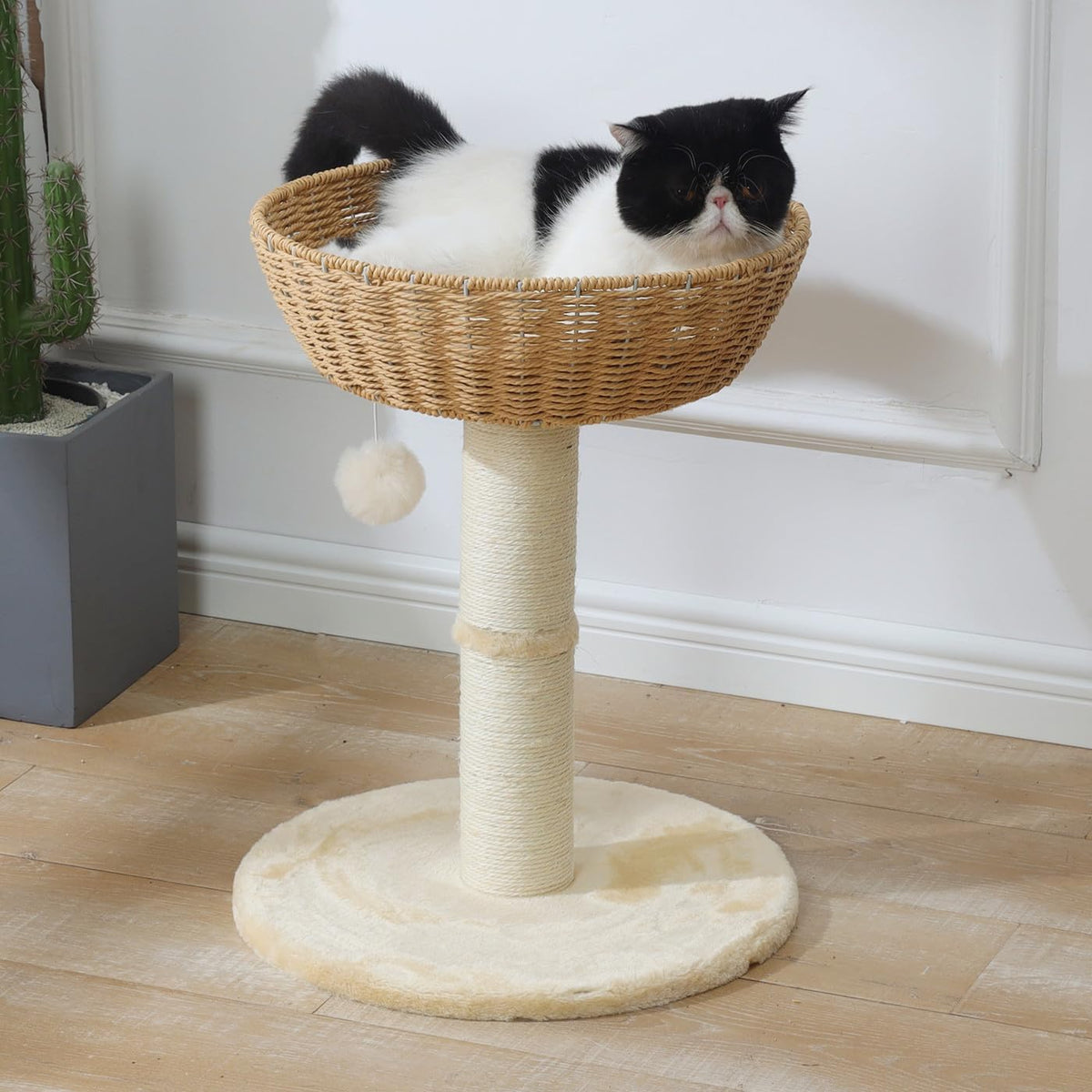 Cat Tree Tower with Rattan Wicker Basket, Handwoven Large Nest Basket Bed, Window Perch for Large Cats up to 20LBS