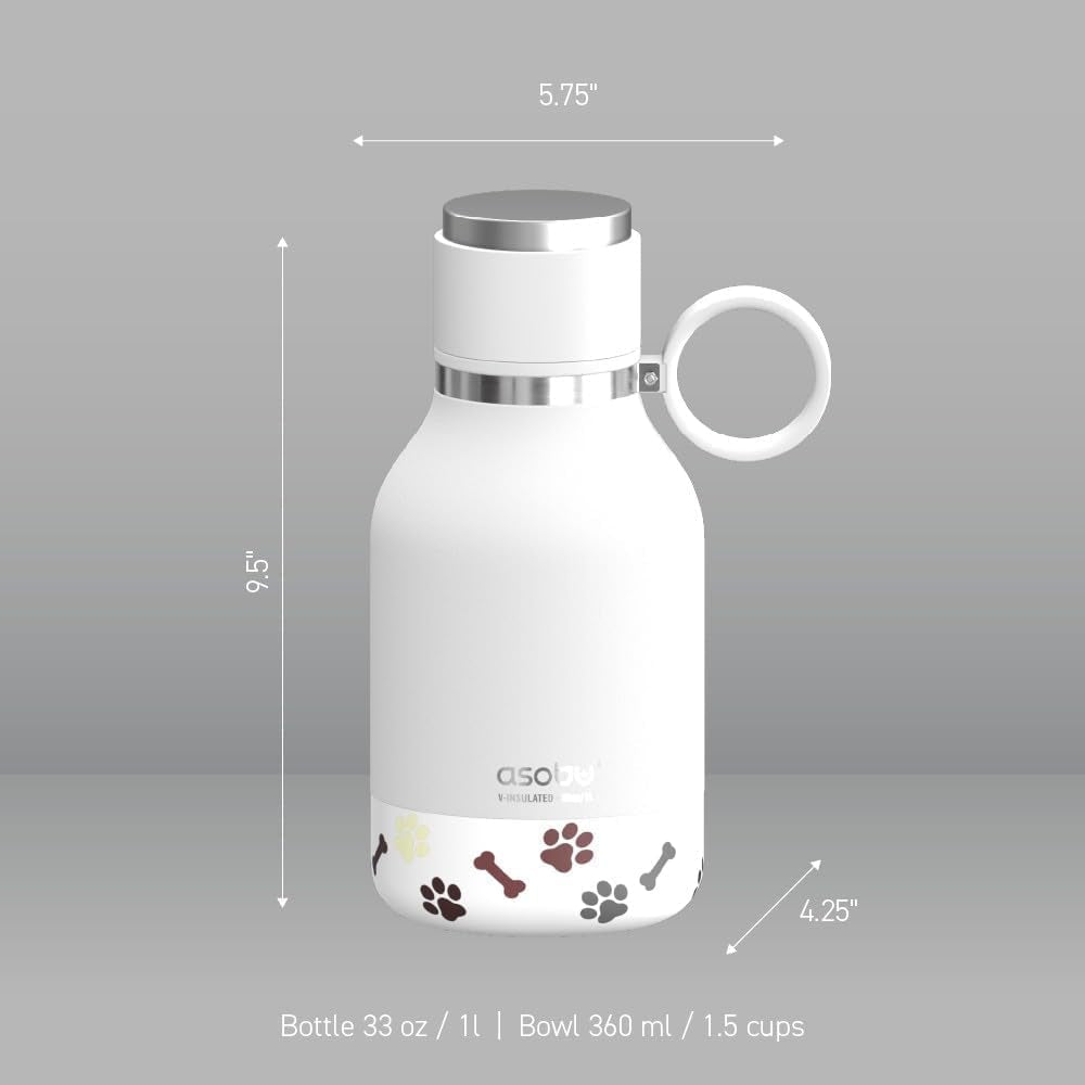 Buddy Bottle, a Stainless Steel Insulated Water Bottle with Removable Dog Water Bowl and Dog Food and Treat Storage Plate (White, 37 Oz Water Bottle with 2 Bowls)