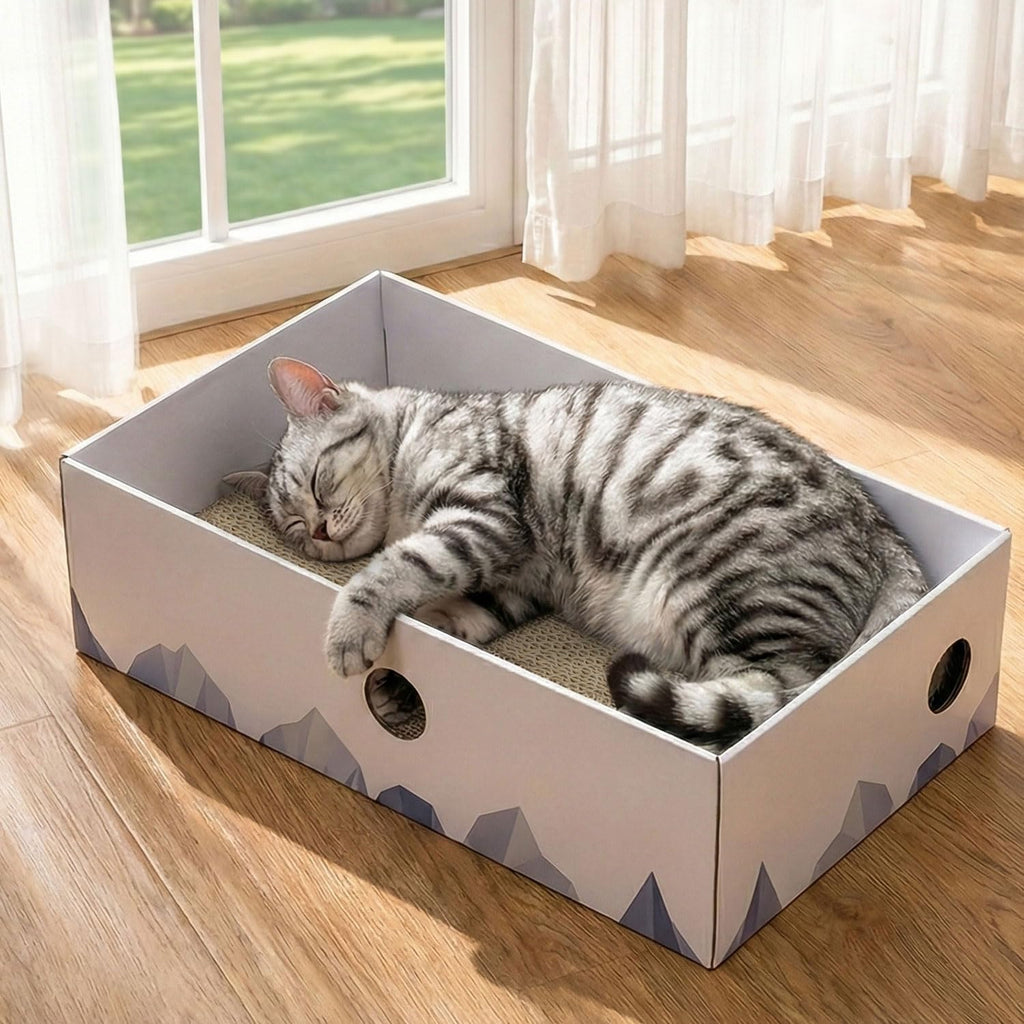 Cat Scratcher Box, Cardboard Pad, Bed for Indoor Cats, White