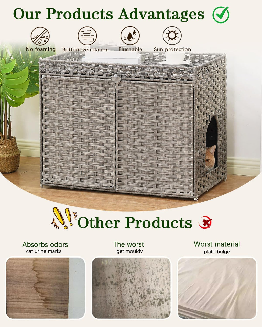 Cat Litter Box Enclosure Furniture, Handwoven PE Rattan, Gray