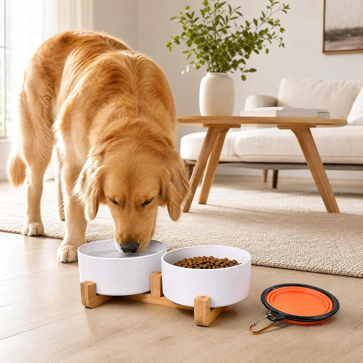 Dog Bowls,White Ceramic Cat and Dog Bowl Set with Wood Stand for Food and Water, Non-Slip Cute Modern Pet Dish Set for Cats & Medium Dogs (28OZ)