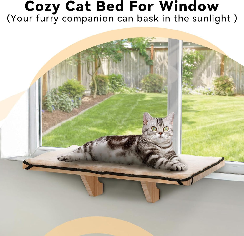 Cat Window Perch, Solid Wood, Fleece Mat, Windowsill Bedside Drawer