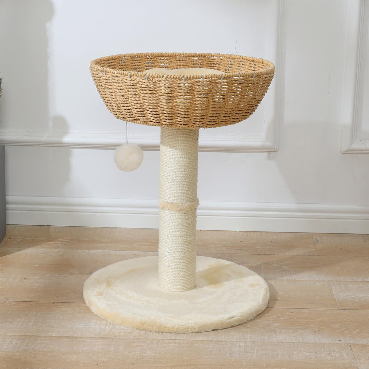 Cat Tree Tower with Rattan Wicker Basket, Handwoven Large Nest Basket Bed, Window Perch for Large Cats up to 20LBS