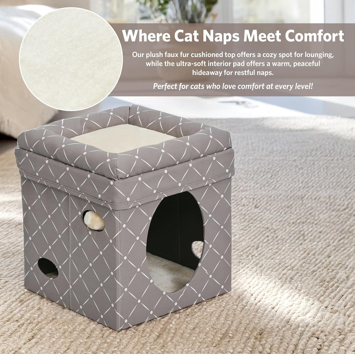 Feline Nuvo Curious Cat Cube, Foldable Cat Hideout with Toy, Bolstered Bed Top, Mushroom Diamond, Faux Fur