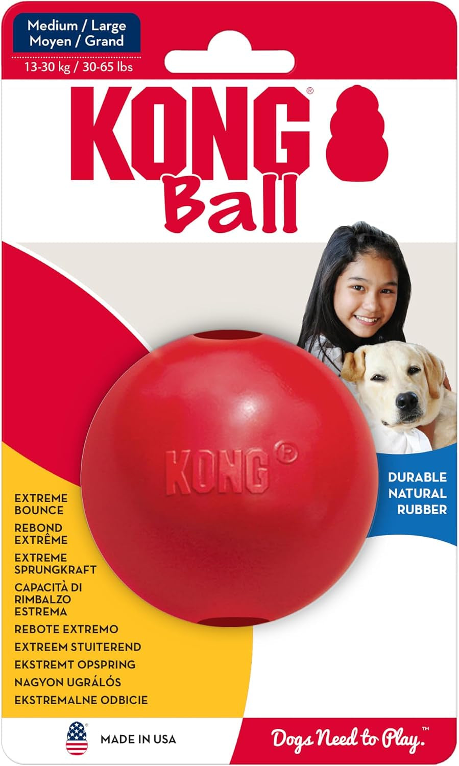 Ball with Hole, Natural Rubber Fetch Toy, Red, for Large/Medium Dogs