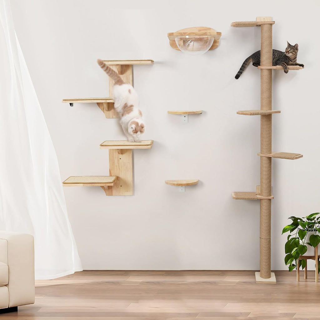 Cat Wall Shelves, 2 Platform Kitten Wall Furniture, Tree Shape Wall-Mounted Floating Shelf with Sisal Mat, Solid Rubber Wood Cats Perch for 16 Inch Drywall, Suitable for Climb, Play, Nap