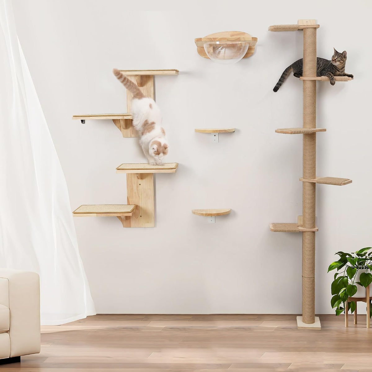 Cat Wall Shelves, 2 Platform Kitten Wall Furniture, Tree Shape Wall-Mounted Floating Shelf with Sisal Mat, Solid Rubber Wood Cats Perch for 16 Inch Drywall, Suitable for Climb, Play, Nap