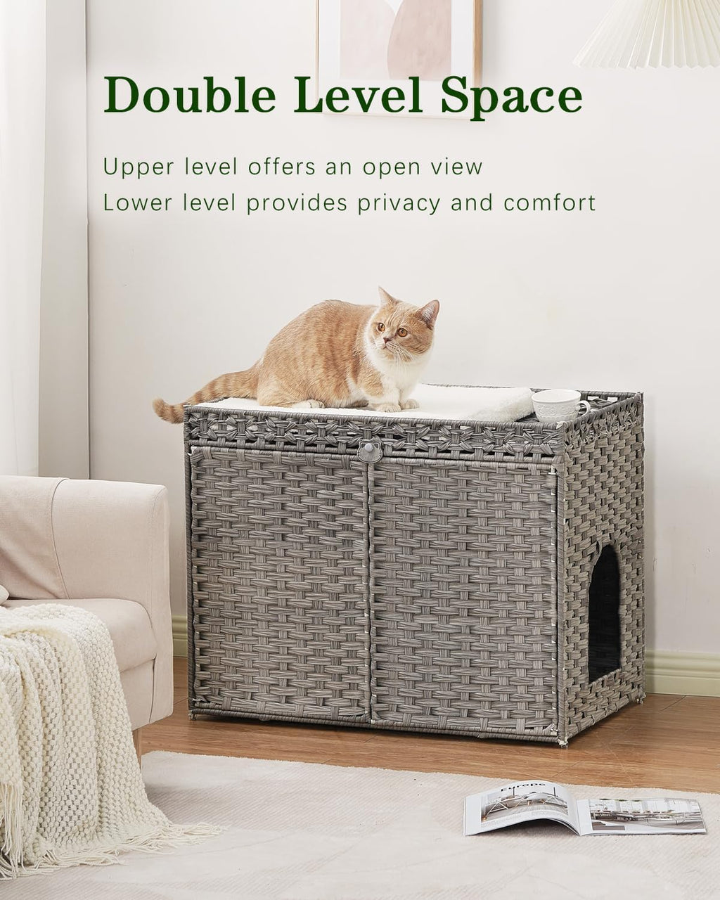 Cat Litter Box Enclosure Furniture, Handwoven PE Rattan, Gray