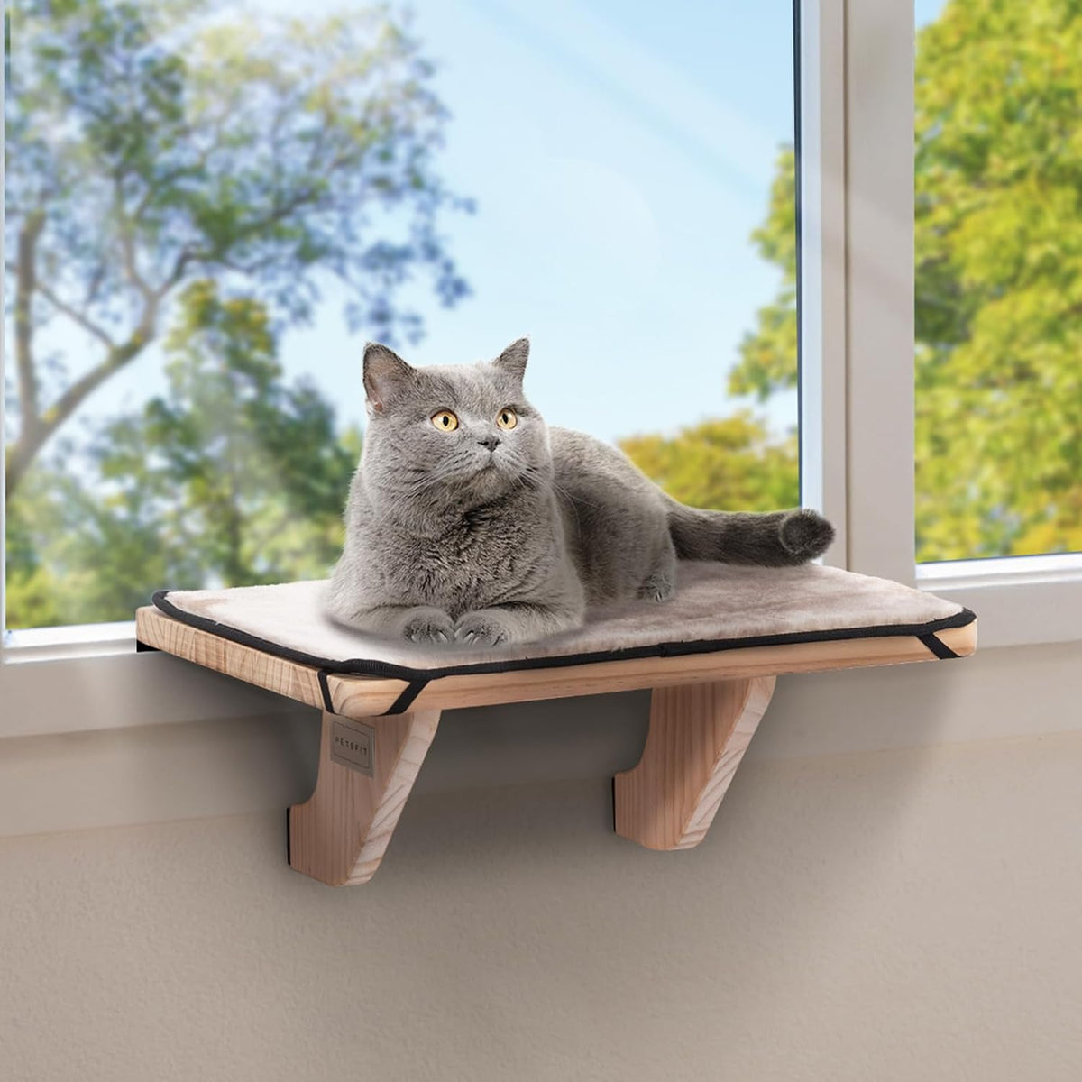 Cat Window Perch, Solid Wood, Fleece Mat, Windowsill Bedside Drawer