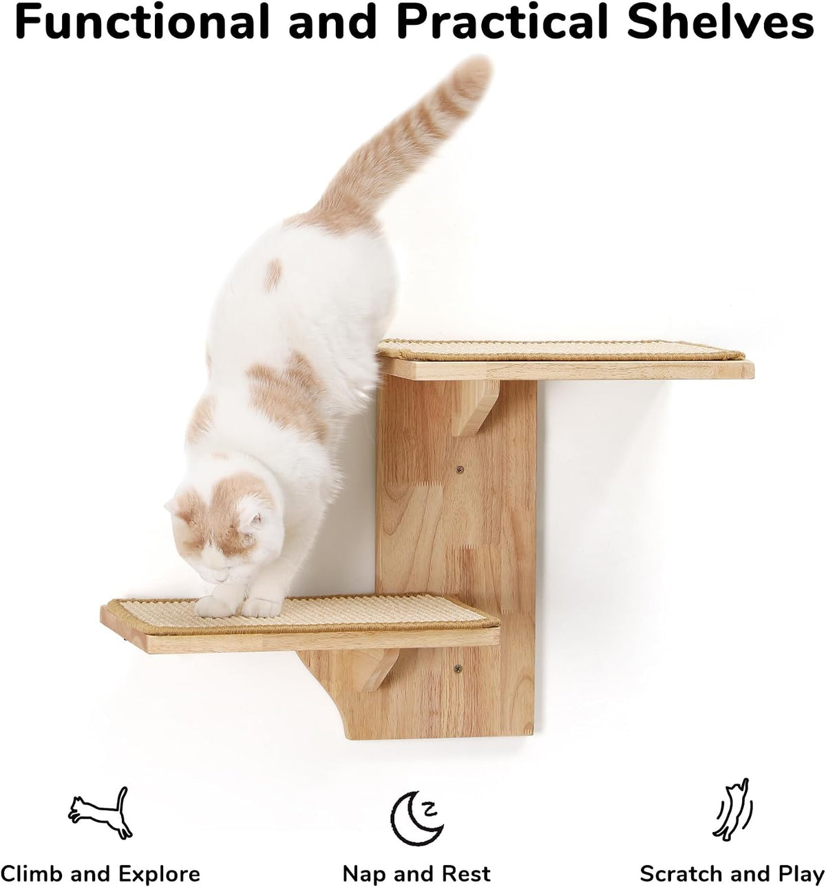 Cat Wall Shelves, 2 Platform Kitten Wall Furniture, Tree Shape Wall-Mounted Floating Shelf with Sisal Mat, Solid Rubber Wood Cats Perch for 16 Inch Drywall, Suitable for Climb, Play, Nap
