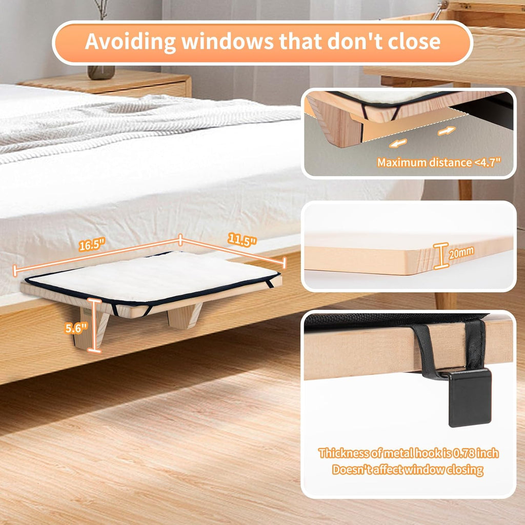 Cat Window Perch, Solid Wood, Fleece Mat, Windowsill Bedside Drawer