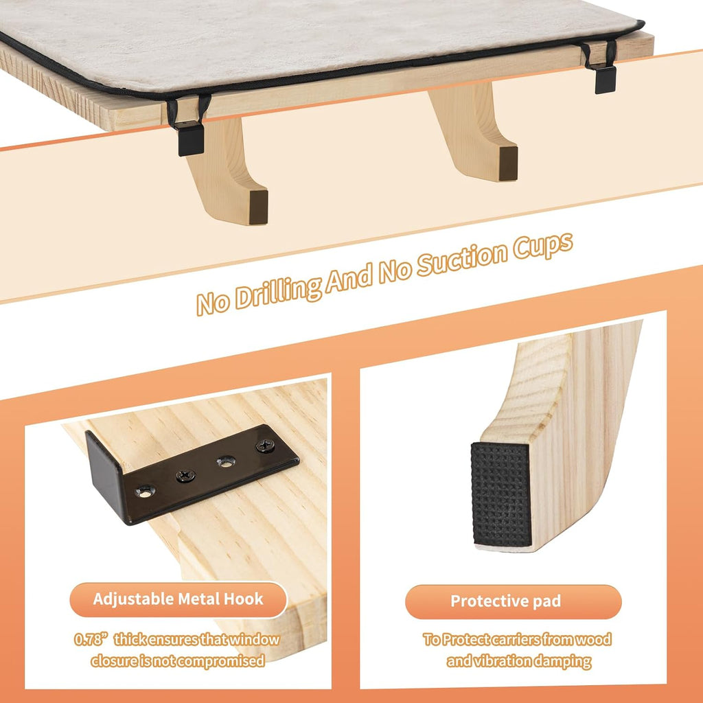 Cat Window Perch, Solid Wood, Fleece Mat, Windowsill Bedside Drawer