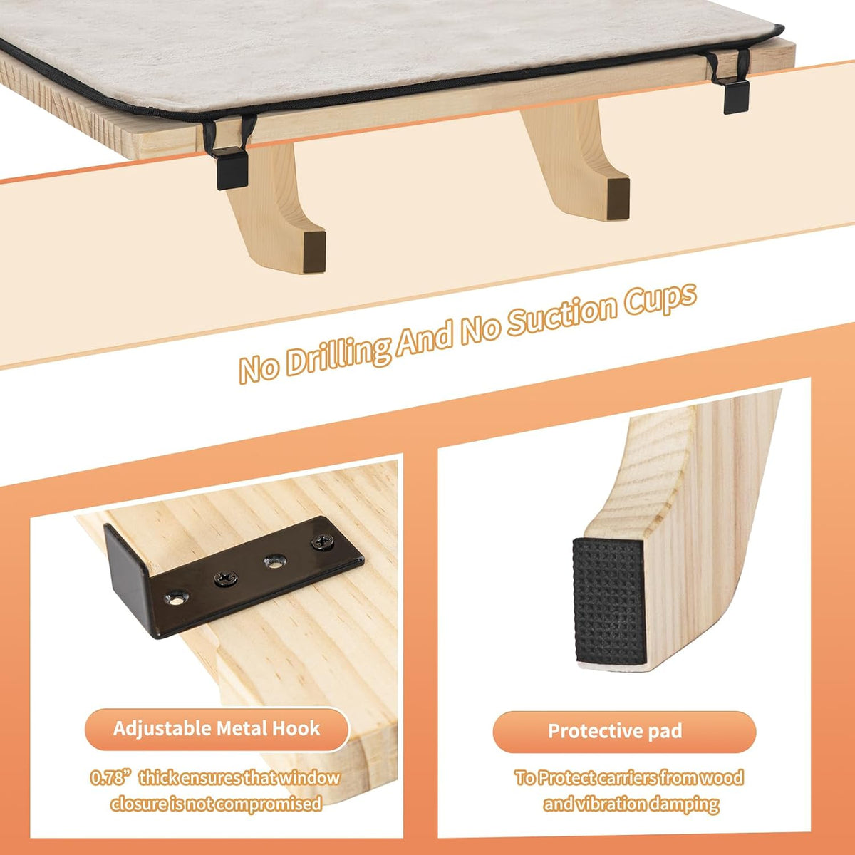 Cat Window Perch, Solid Wood, Fleece Mat, Windowsill Bedside Drawer