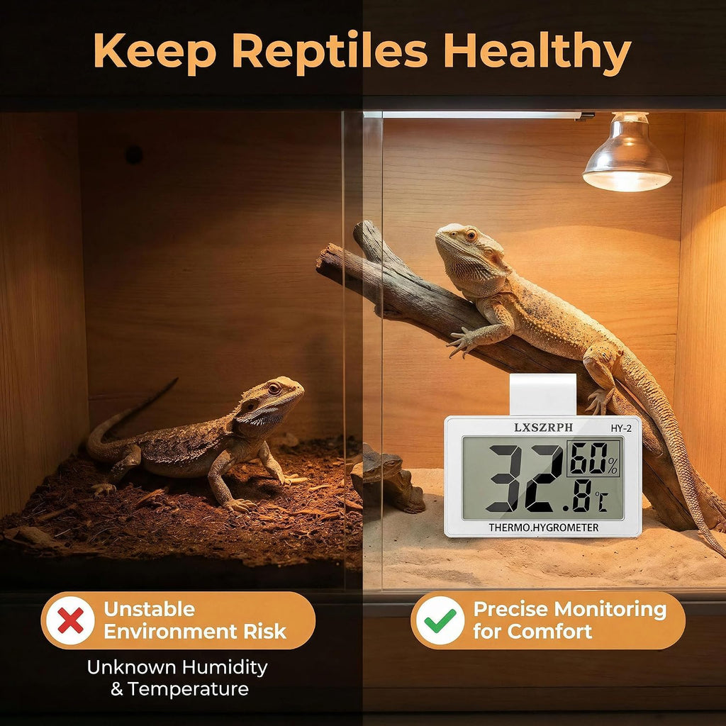 Reptile Hygrometer Thermometer, Digital Amphibian Hygrometer Thermometer with Hook, Temperature Humidity Meter Gauge for Reptile Tanks, Terrariums, Vivarium, LCD Display (2 Packs)
