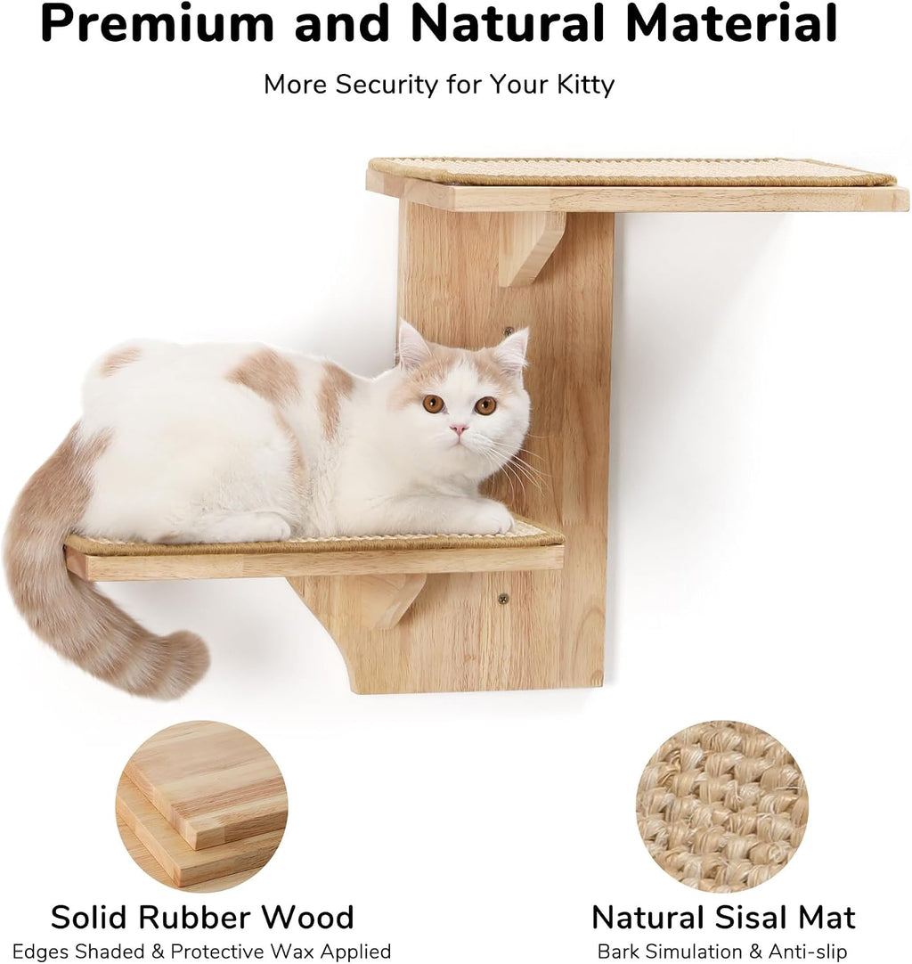Cat Wall Shelves, 2 Platform Kitten Wall Furniture, Tree Shape Wall-Mounted Floating Shelf with Sisal Mat, Solid Rubber Wood Cats Perch for 16 Inch Drywall, Suitable for Climb, Play, Nap