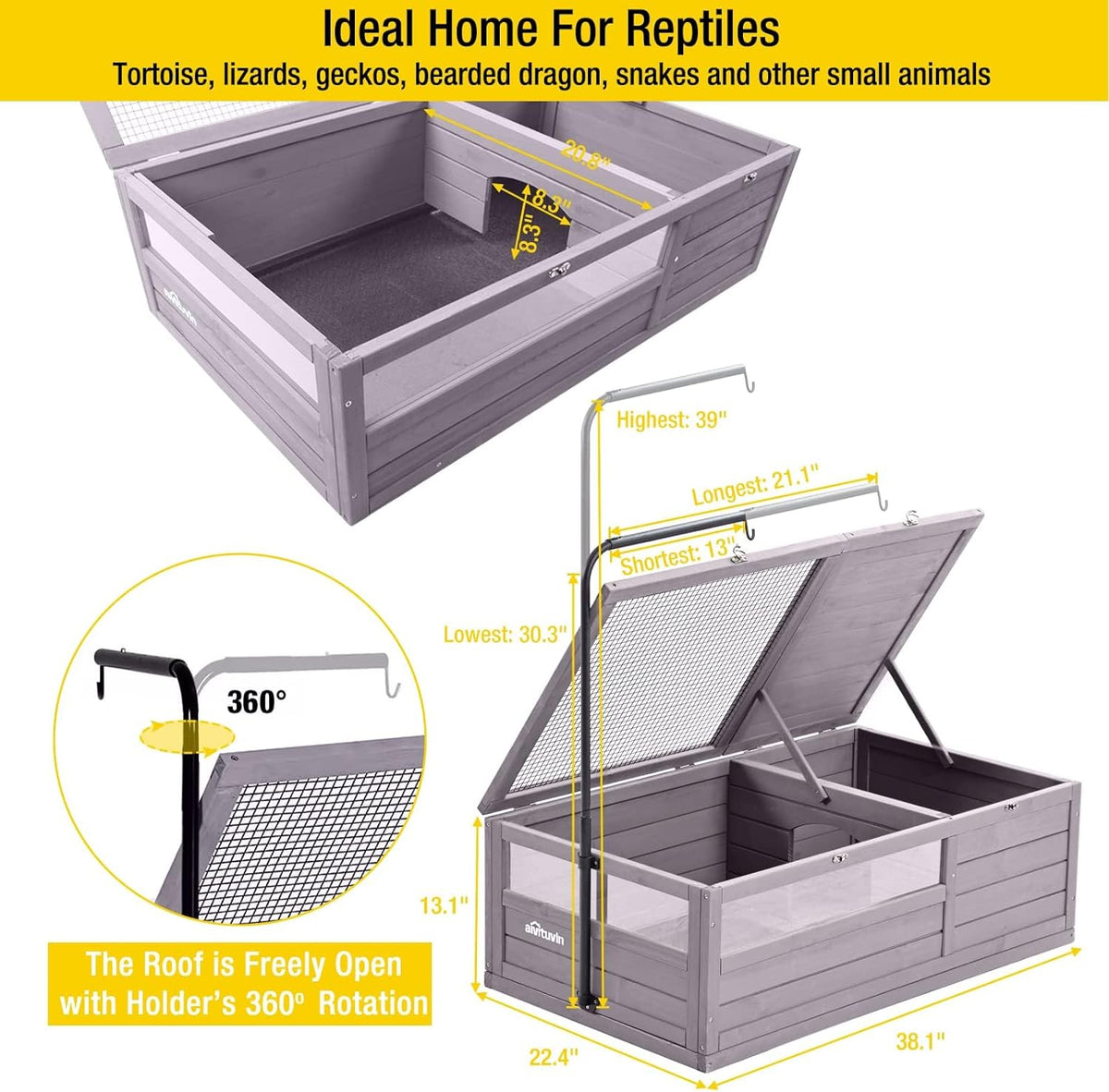 Wooden Tortoise House Large Tortoise Habitat Cage, Indoor Tortoises Enclosure for Small Animals, Outdoor Reptile Cage - Upgraded Weatherproof Bottom