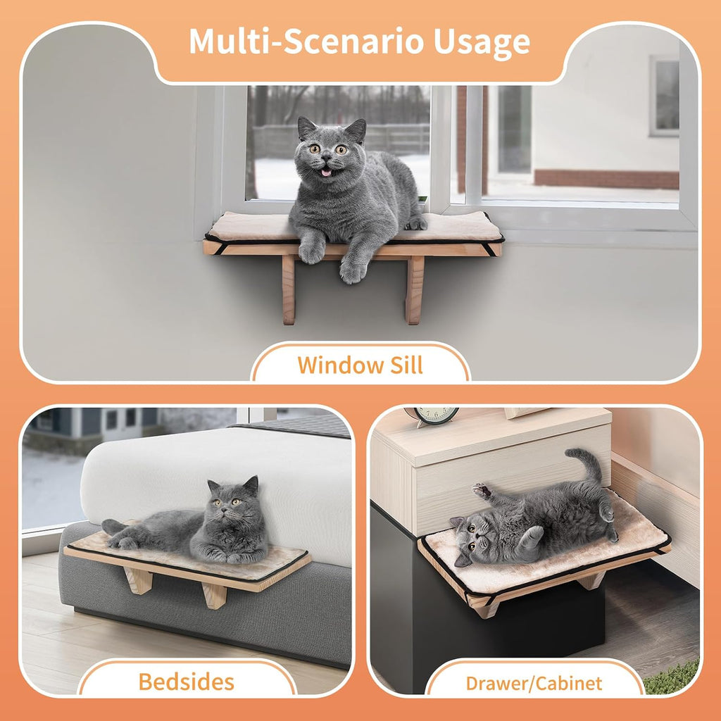Cat Window Perch, Solid Wood, Fleece Mat, Windowsill Bedside Drawer