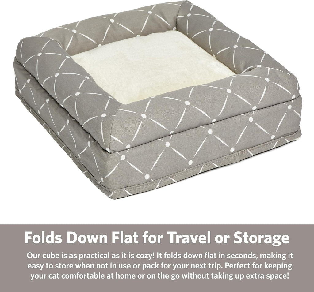 Feline Nuvo Curious Cat Cube, Foldable Cat Hideout with Toy, Bolstered Bed Top, Mushroom Diamond, Faux Fur