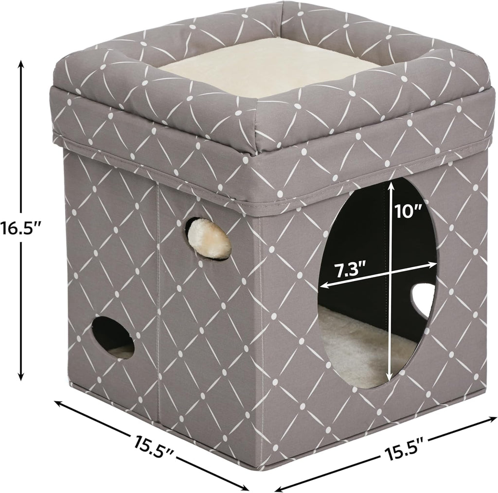 Feline Nuvo Curious Cat Cube, Foldable Cat Hideout with Toy, Bolstered Bed Top, Mushroom Diamond, Faux Fur