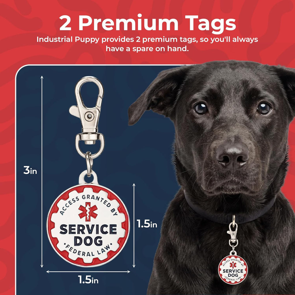 Service Dog Tag, 2 Pack: Metal Pet ID Tags for Service Animals, Emotional Support Dogs and Therapy Dogs, 1.25 Inch Diameter, Double Sided, Navy Lettering and Red Enamel Trim