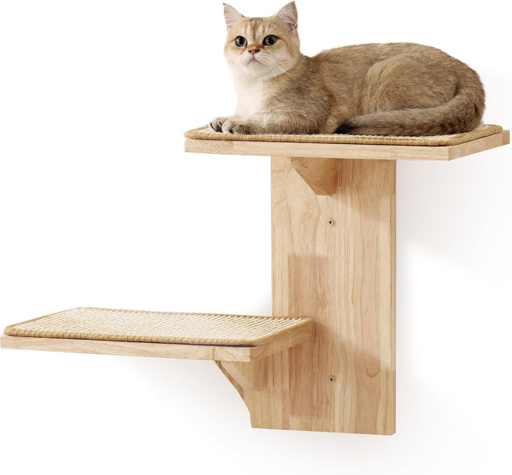 Cat Wall Shelves, 2 Platform Kitten Wall Furniture, Tree Shape Wall-Mounted Floating Shelf with Sisal Mat, Solid Rubber Wood Cats Perch for 16 Inch Drywall, Suitable for Climb, Play, Nap