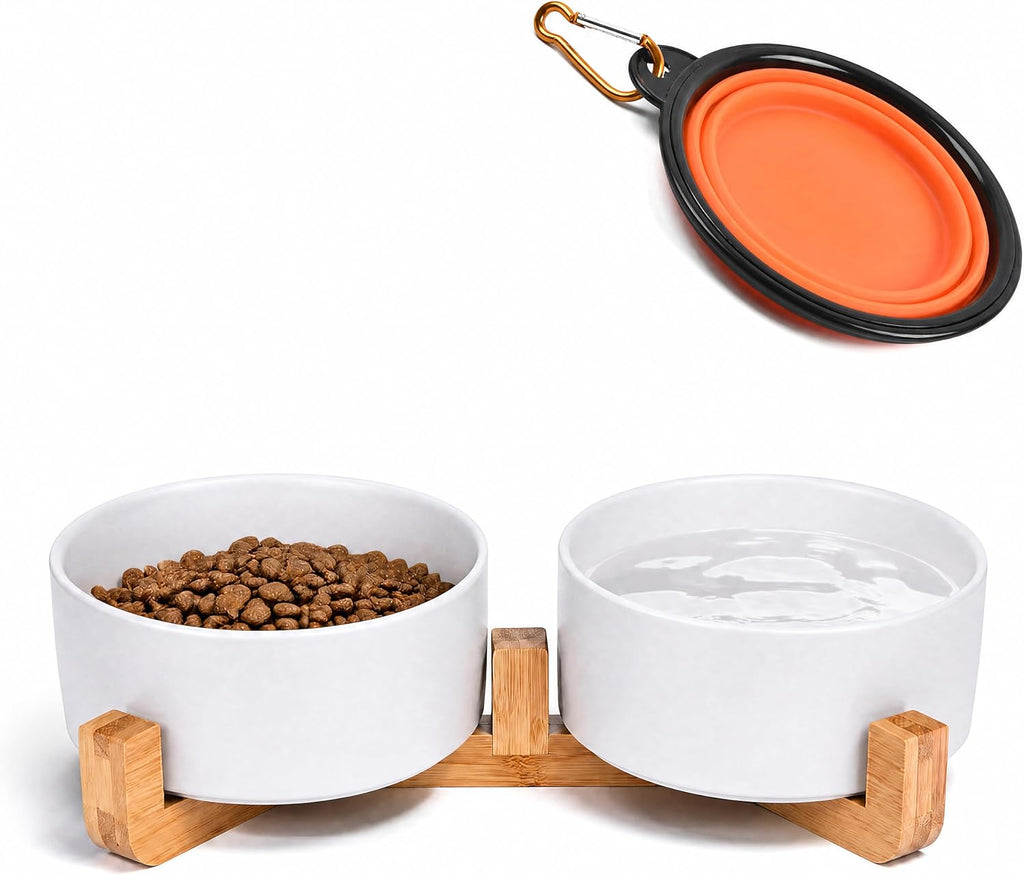 Dog Bowls,White Ceramic Cat and Dog Bowl Set with Wood Stand for Food and Water, Non-Slip Cute Modern Pet Dish Set for Cats & Medium Dogs (28OZ)