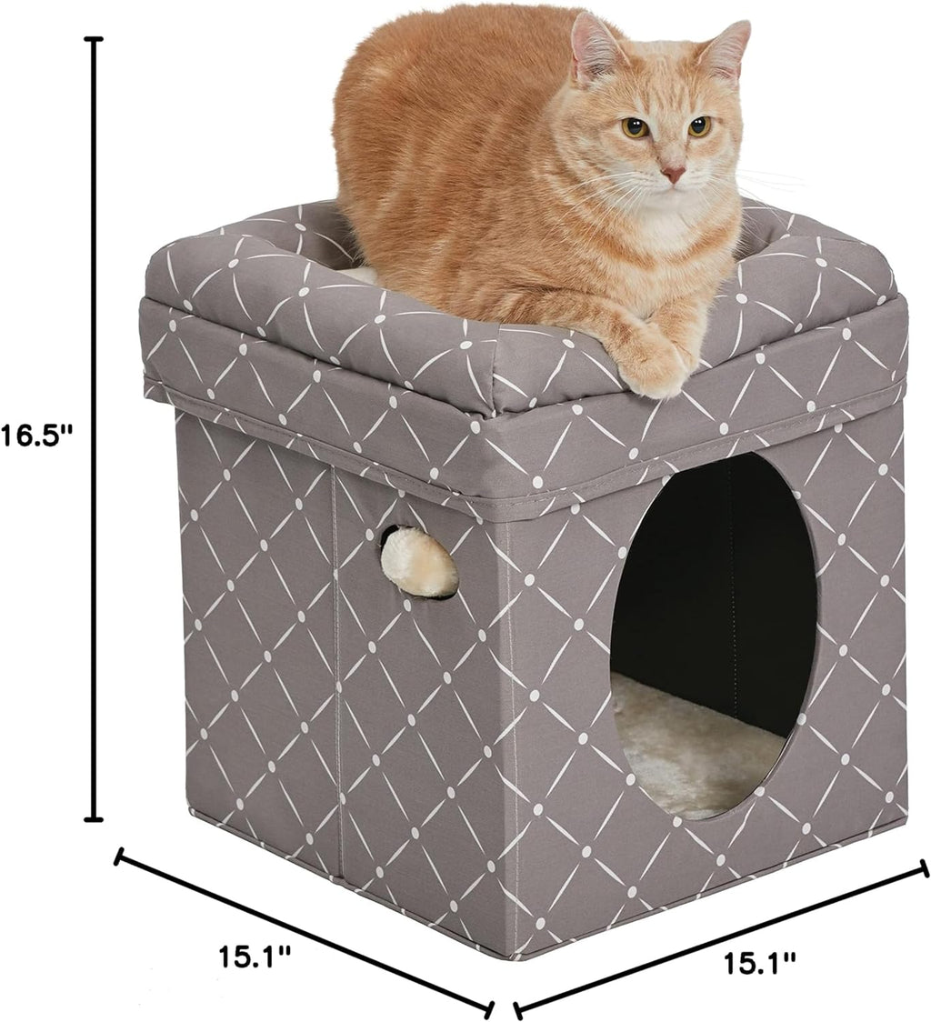 Feline Nuvo Curious Cat Cube, Foldable Cat Hideout with Toy, Bolstered Bed Top, Mushroom Diamond, Faux Fur