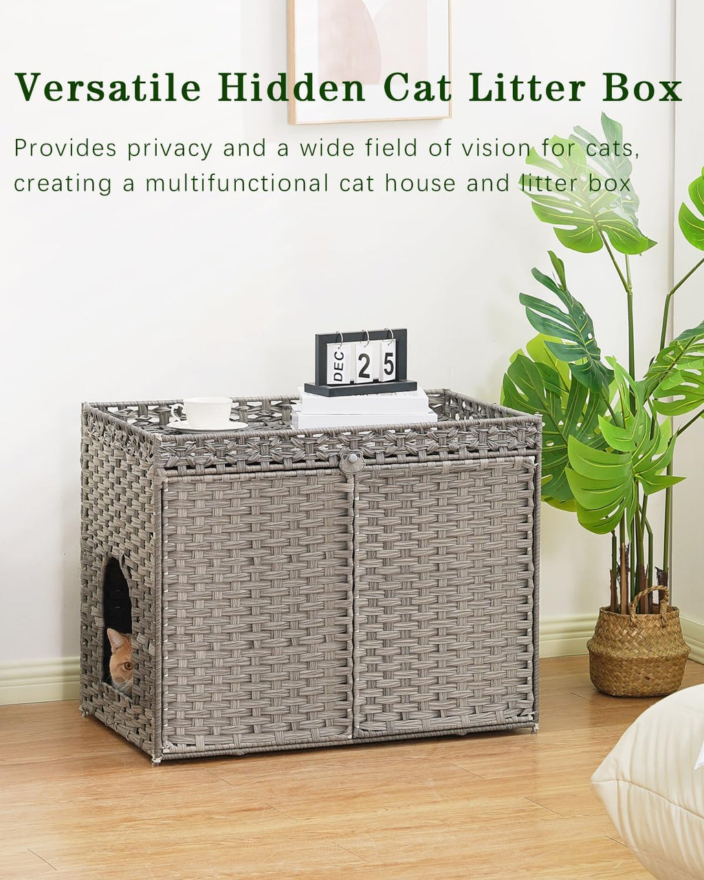 Cat Litter Box Enclosure Furniture, Handwoven PE Rattan, Gray