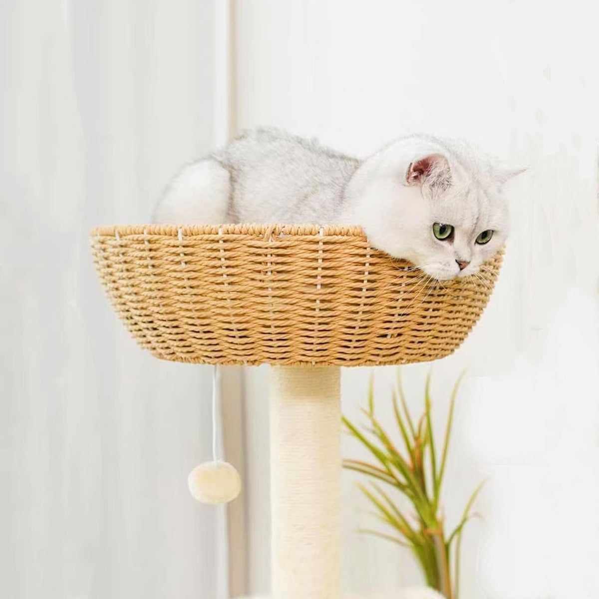 Cat Tree Tower with Rattan Wicker Basket, Handwoven Large Nest Basket Bed, Window Perch for Large Cats up to 20LBS