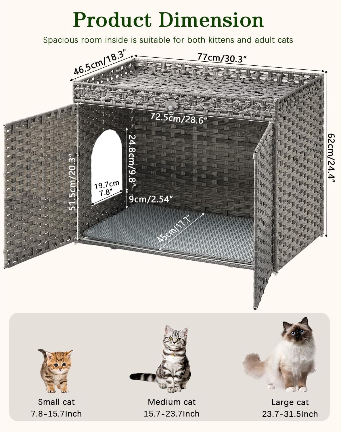 Cat Litter Box Enclosure Furniture, Handwoven PE Rattan, Gray