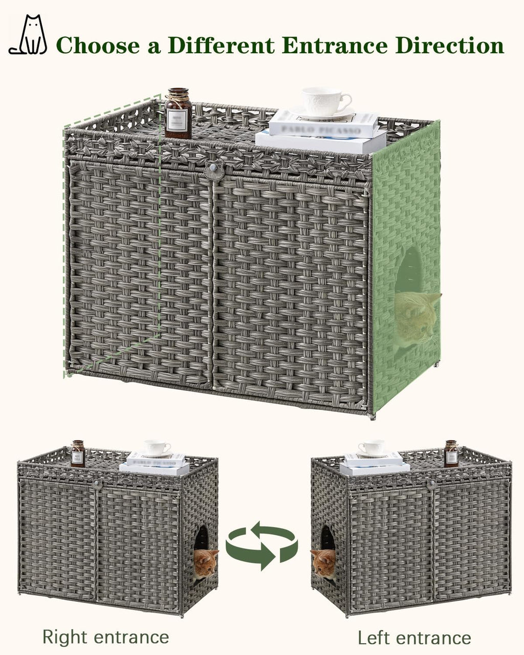 Cat Litter Box Enclosure Furniture, Handwoven PE Rattan, Gray