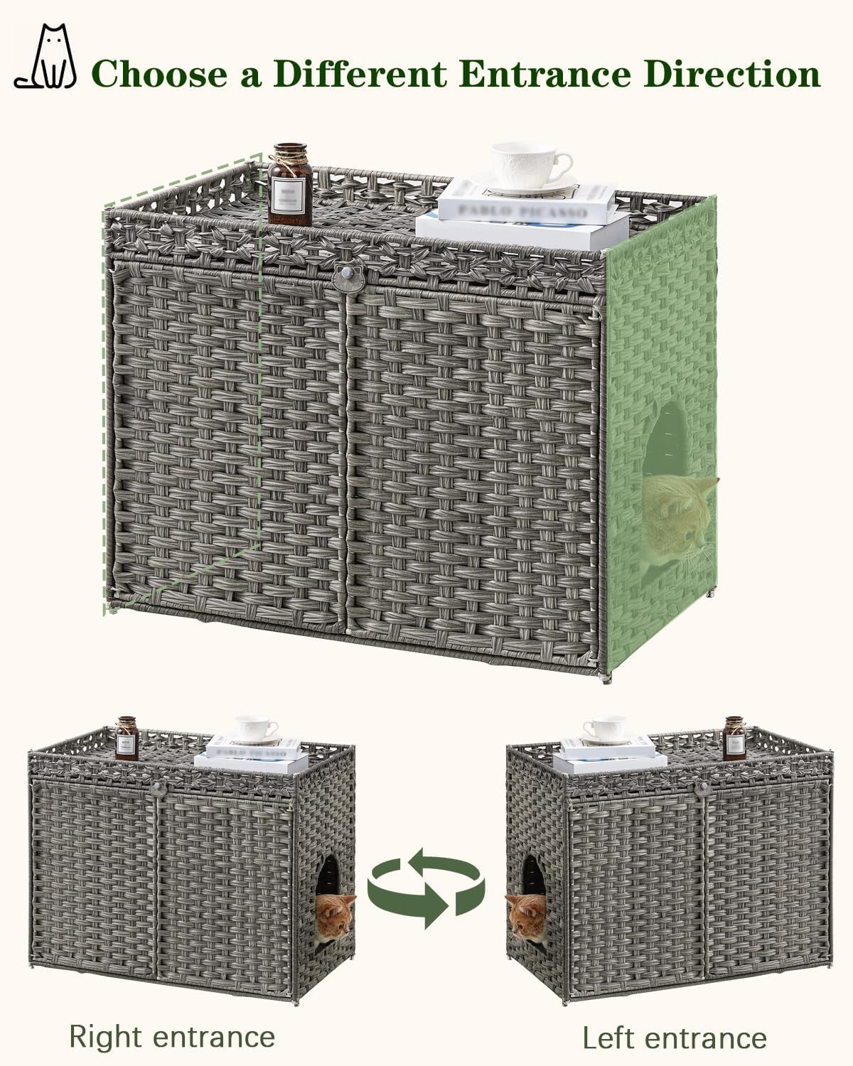 Cat Litter Box Enclosure Furniture, Handwoven PE Rattan, Gray