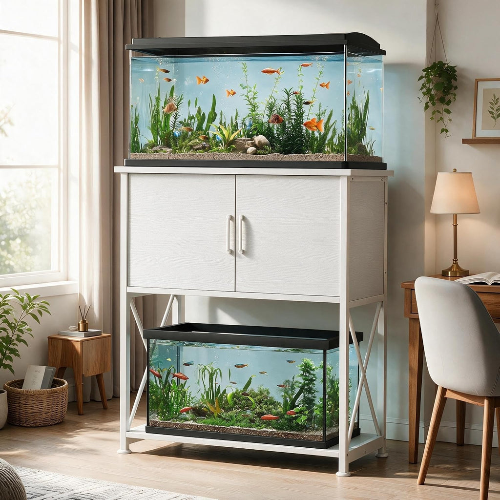 20-29 Gallon Aquarium Stand Metal Frame Fish Tank Stand with Cabinet Storage, for 20 Gallon Long Aquarium,30.7" L*16.5" W Tabletop,330Lbs Capacity White PG01YGW