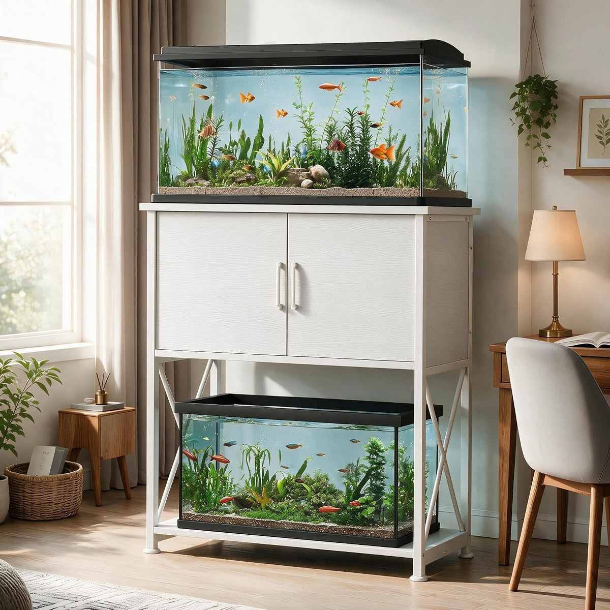 20-29 Gallon Aquarium Stand Metal Frame Fish Tank Stand with Cabinet Storage, for 20 Gallon Long Aquarium,30.7" L*16.5" W Tabletop,330Lbs Capacity White PG01YGW
