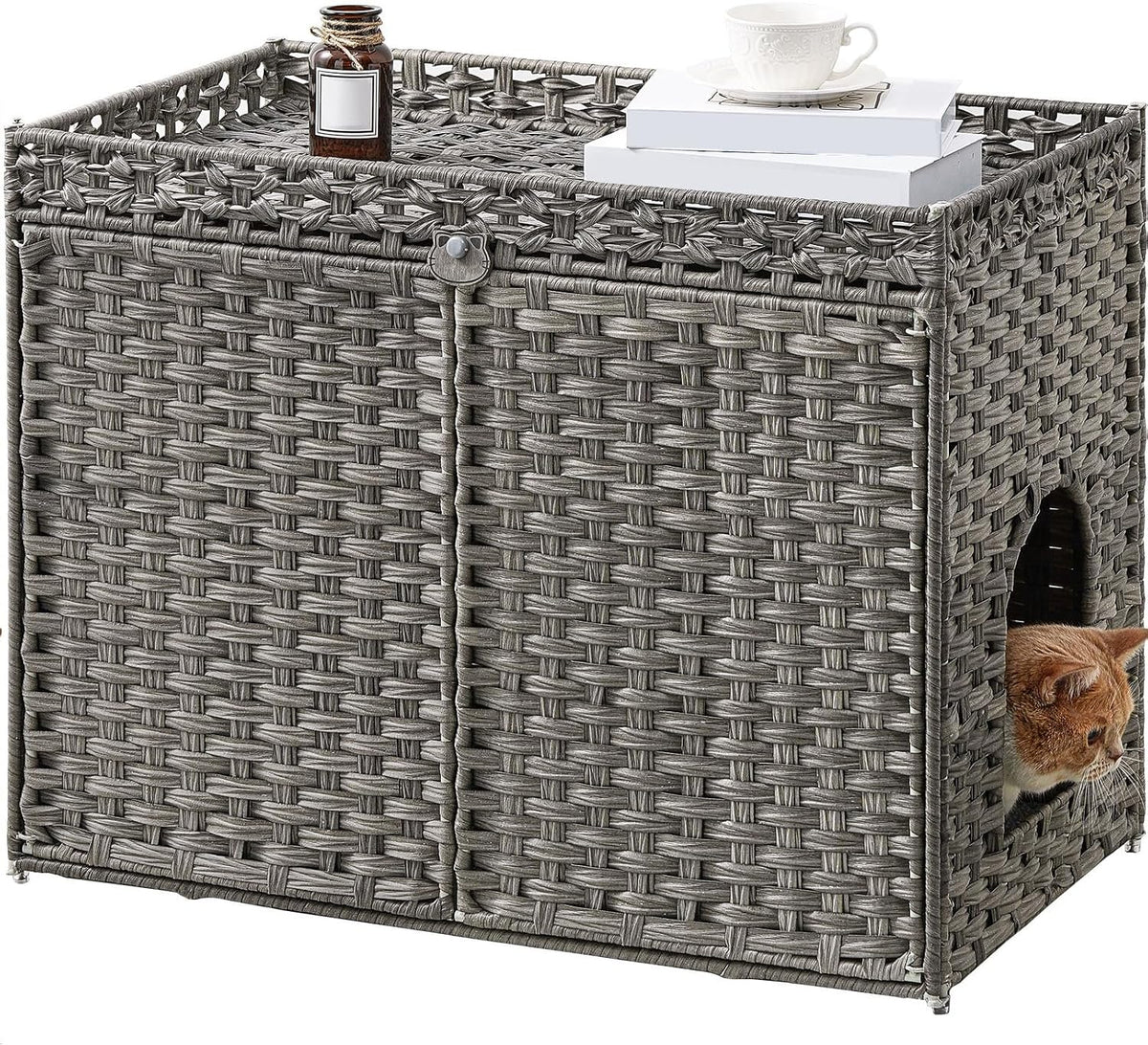 Cat Litter Box Enclosure Furniture, Handwoven PE Rattan, Gray