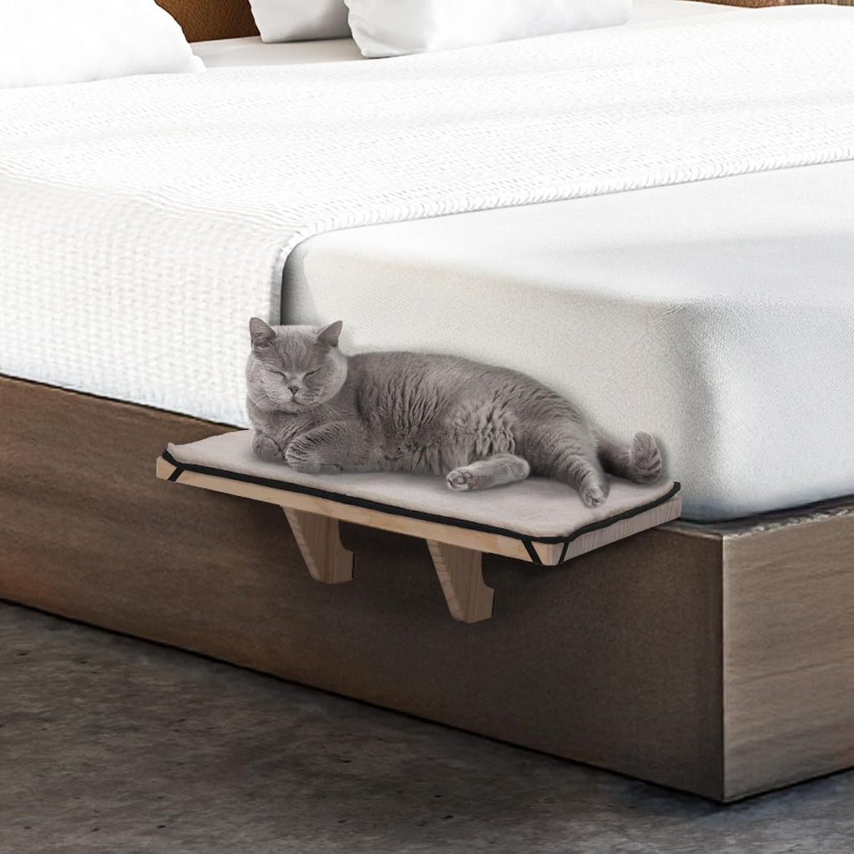 Cat Window Perch, Solid Wood, Fleece Mat, Windowsill Bedside Drawer