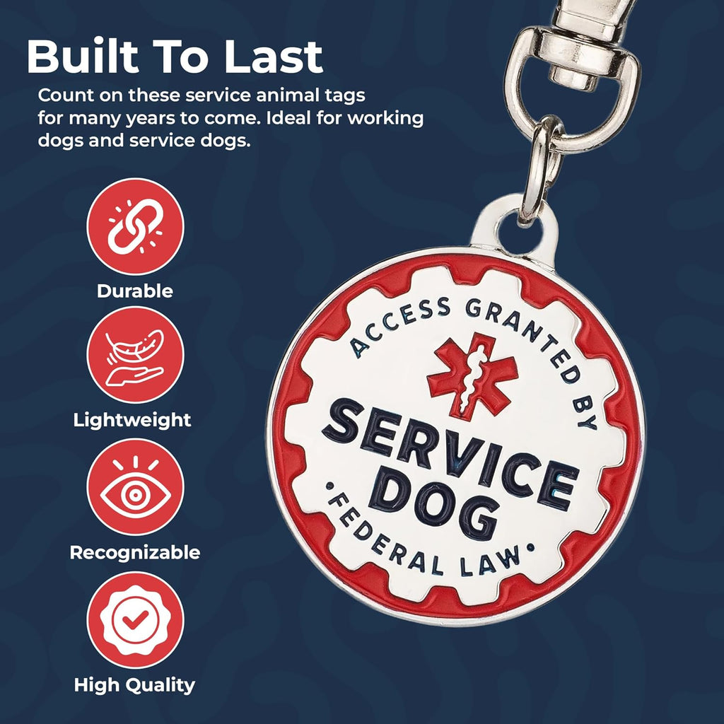 Service Dog Tag, 2 Pack: Metal Pet ID Tags for Service Animals, Emotional Support Dogs and Therapy Dogs, 1.25 Inch Diameter, Double Sided, Navy Lettering and Red Enamel Trim