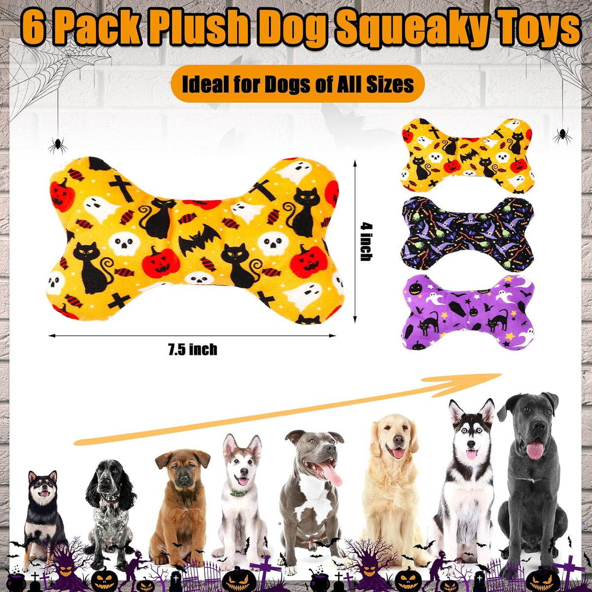 6 Pack Halloween Dog Squeaky Bone Toys Halloween Plush Interactive Dog Pets Birthday Bone Shape Stuffed Chew Toys for Puppy Small Medium Large Squeak Toss Play